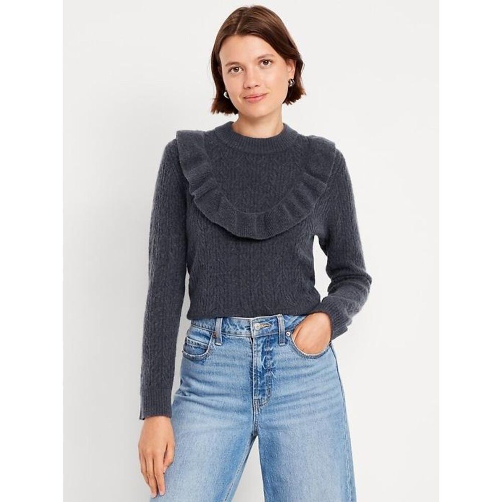 Old Navy XXL Recycled Knit Dark Gray Ruffle Crew Neck Pullover Sweater Women